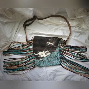 Myra Bag Conceal Carry Blue and Brown Crossbody with Fringe New Without Tags